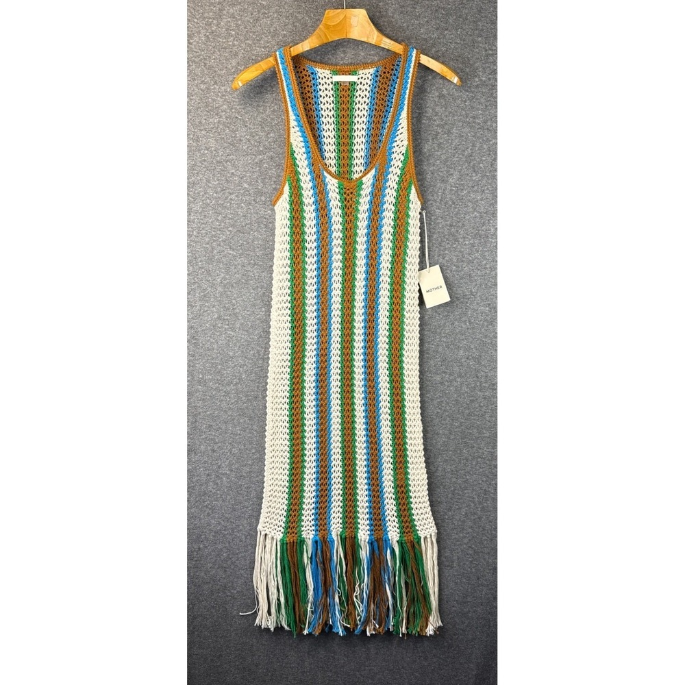 NWT MOTHER The Benefits Dress Size XS Striped Crochet Fringe Midi Cotton Anthro